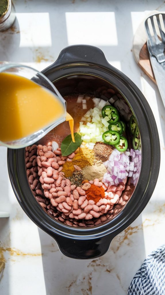 A crockpot filled with soaked pinto beans, diced onions, garlic, jalapeños, spices, and a bay leaf, with chicken broth