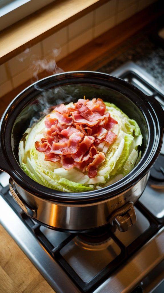 A crockpot of steaming cabbage with bacon and onions, perfectly cooked and ready to be stirred