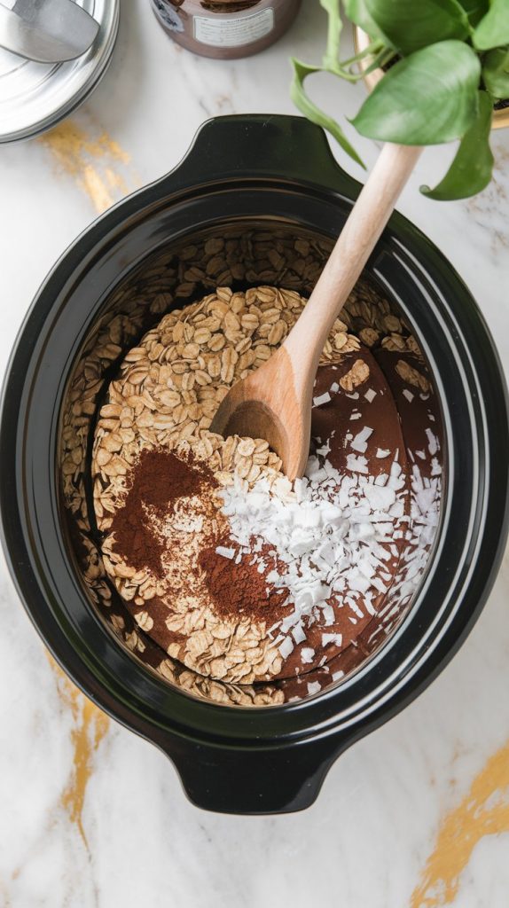 A crockpot filled with a mix of steel-cut oats, coconut milk, cocoa powder