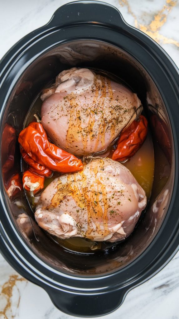 a crockpot filled with raw seasoned chicken, chicken broth, chipotle peppers in adobo sauce, and a drizzle of honey