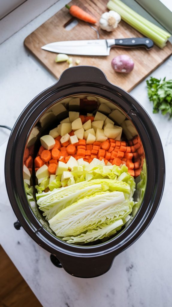 A crockpot placed on the same white marble counter