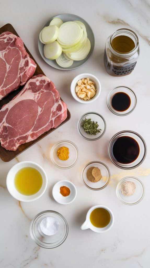 the ingredients for crockpot pork chops: raw pork chops, a sliced yellow onion, minced garlic, a small bowl of chicken broth, soy sauce