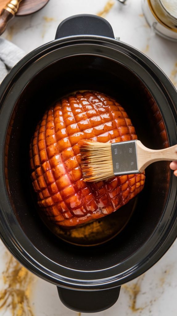 A crockpot with a ham being brushed with a glossy maple brown sugar glaze