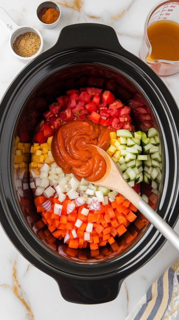 the crockpot, now filled with the chopped vegetables layered beneath diced tomatoes