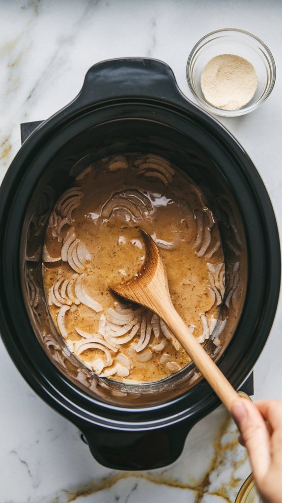 A crockpot with the thickened onion gravy being stirred with a wooden spoon