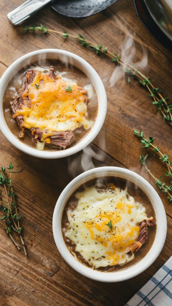 Broiler-safe bowls of French Onion Crockpot Short Ribs Soup with melted, golden bubbly Gruyère cheese topping