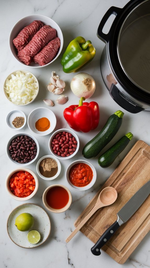 all ingredients: ground beef, diced onion, garlic cloves, diced red and green bell pepper