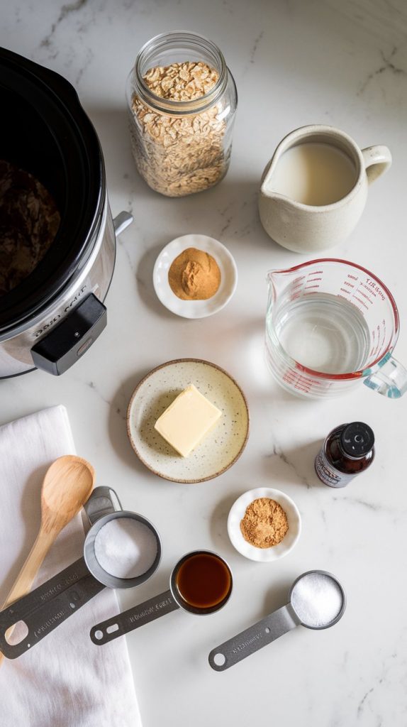 steel-cut oats in a small ceramic bowl, a jug of milk