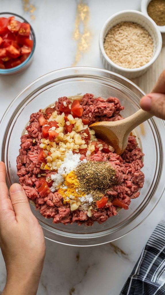 A glass mixing bowl filled with a mixture of ground beef, rice, diced tomatoes, onion, garlic