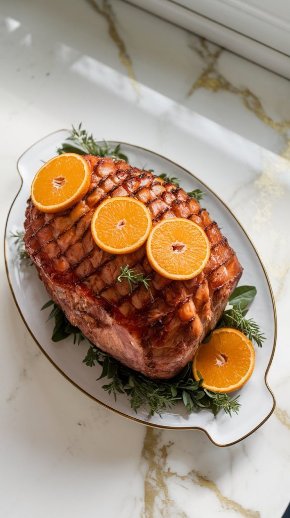 A golden brown ham on a white serving platter