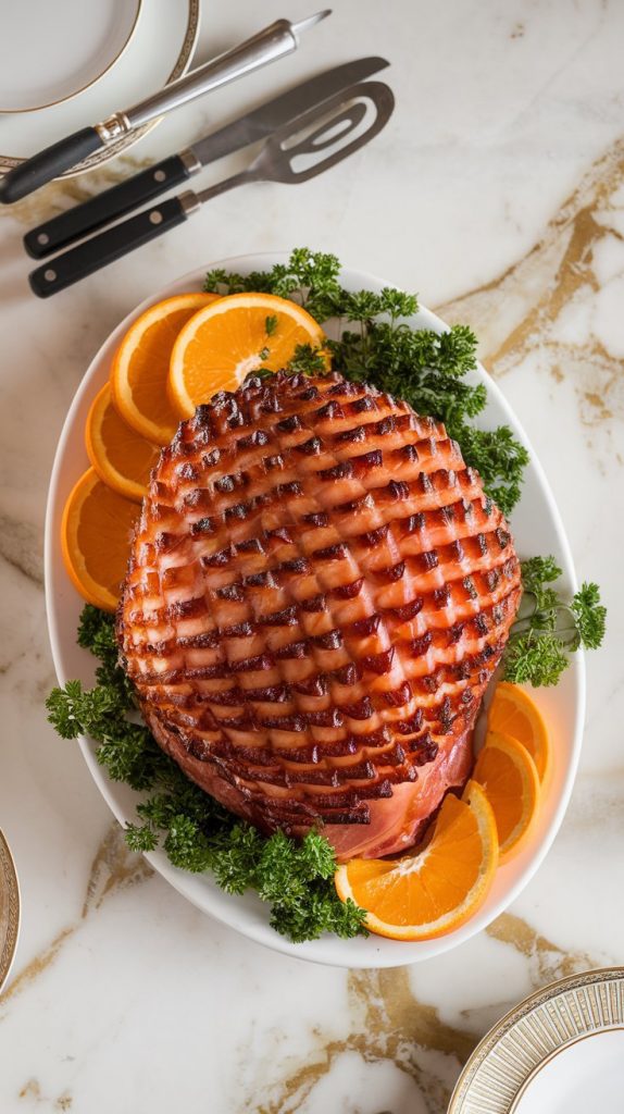 A golden, caramelized honey-baked ham served on a white platter