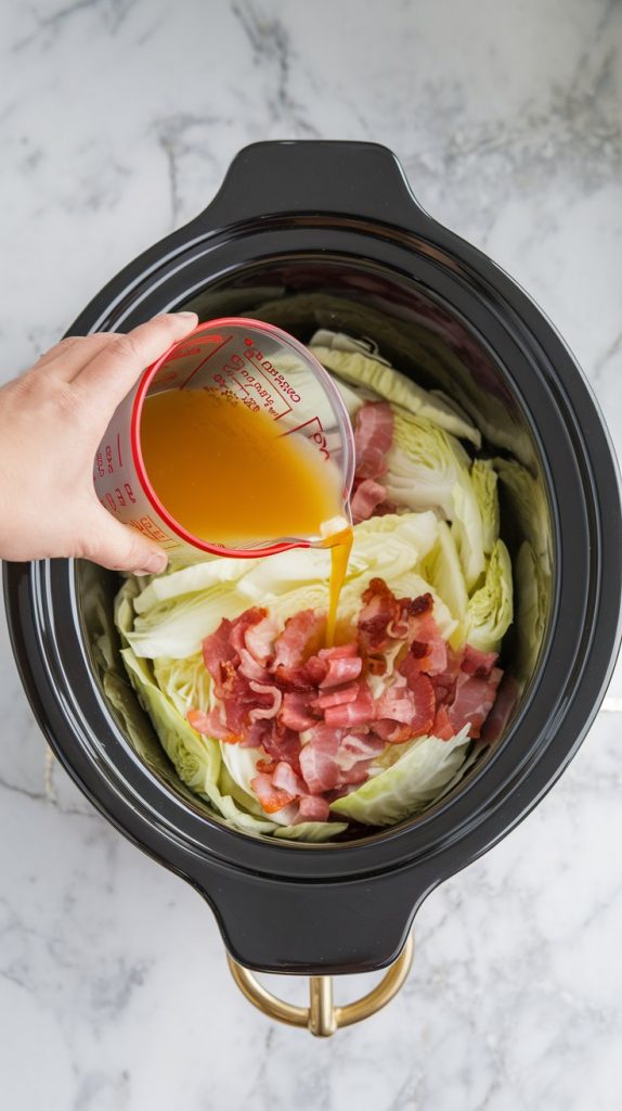 A hand pouring chicken broth from a measuring cup into a crockpot filled with cabbage, onions, and bacon