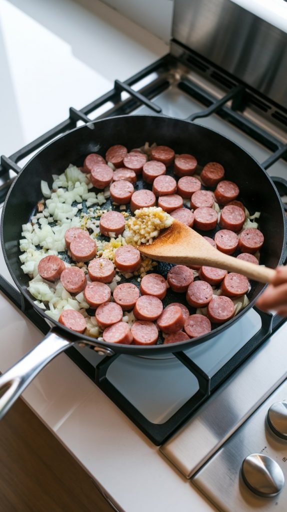 A skillet with browned sausage, onions, and garlic being stirred with a wooden spoon