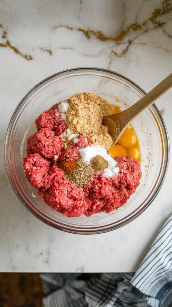 Top-down view of a mixing bowl filled with meatball ingredients