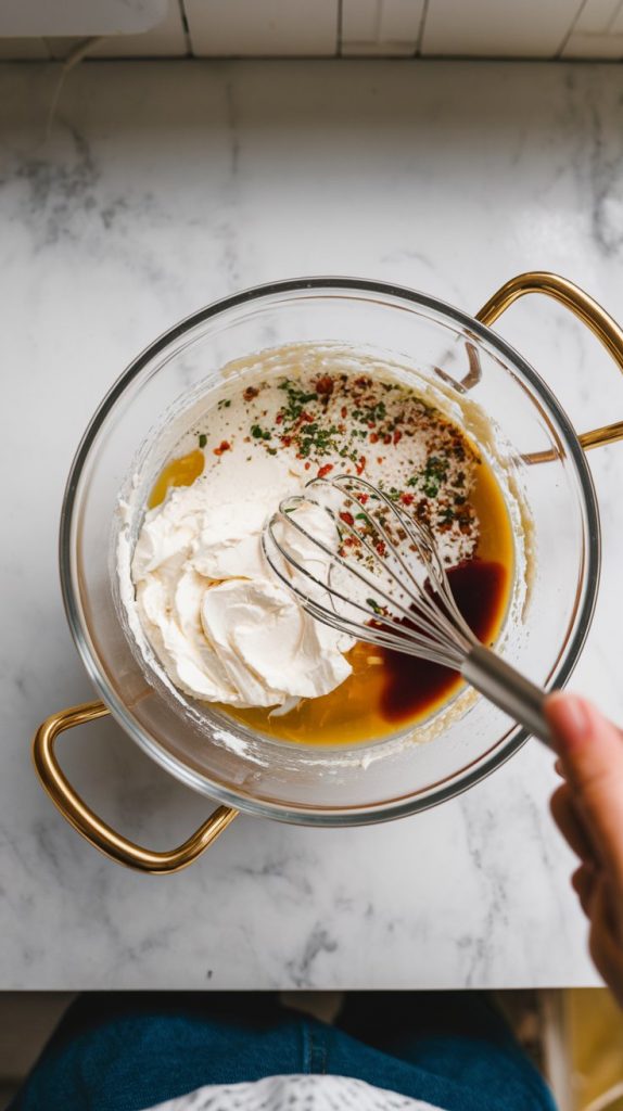 a mixing bowl with cream cheese, cream of chicken soup, Italian dressing mix, chicken broth