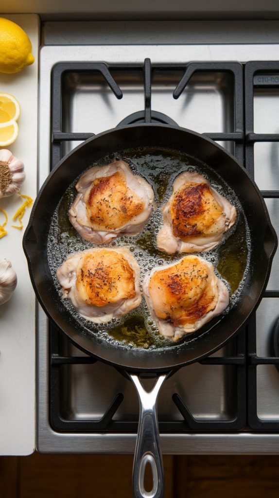 Chicken thighs searing in a skillet with bubbling butter and olive oil