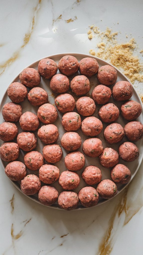 A plate filled with evenly rolled raw meatballs