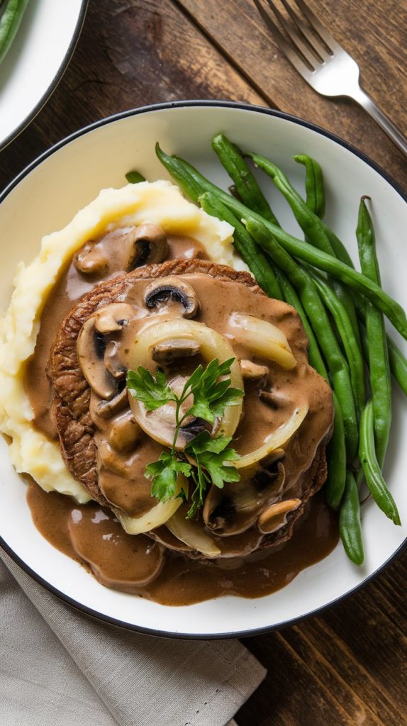 A serving of Salisbury steak plated with creamy mashed potatoes and buttered green beans