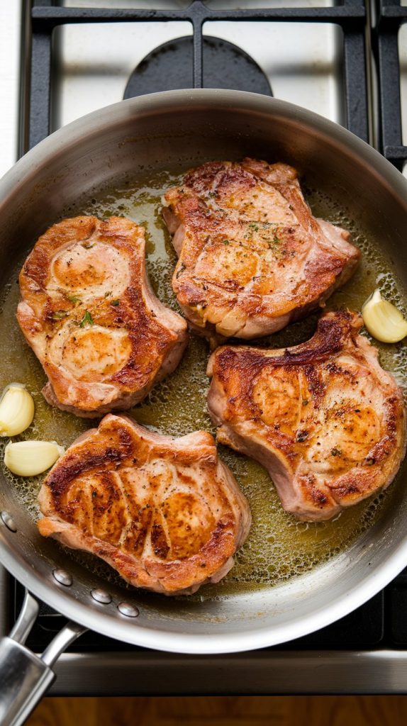 A skillet with golden-brown pork chops searing in melted butter