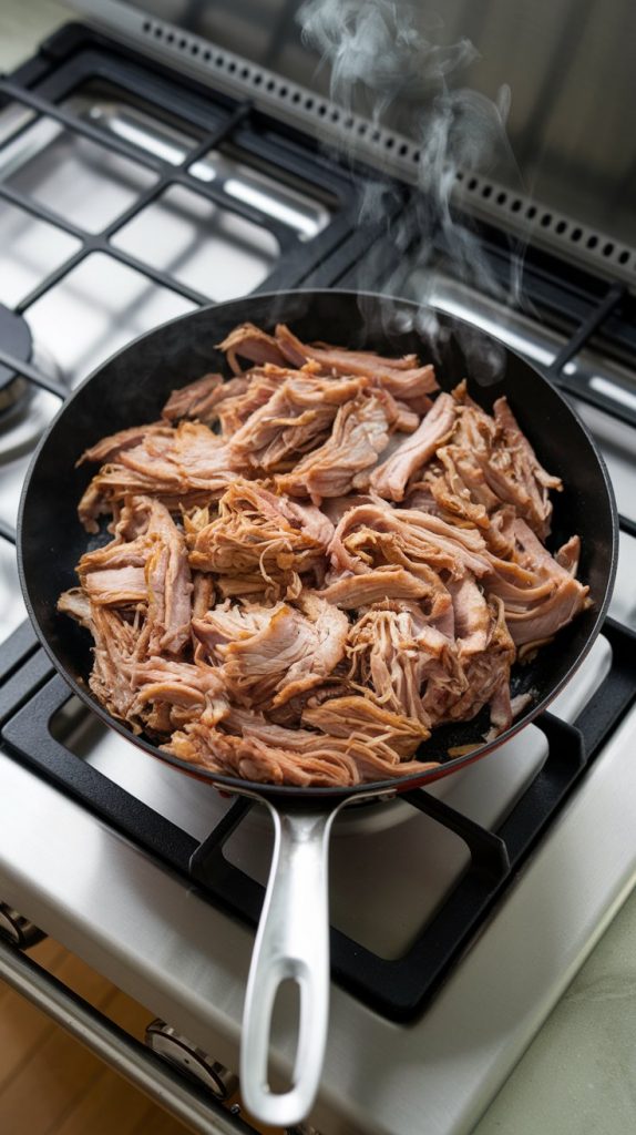 A skillet with shredded pork crisping up with golden edges