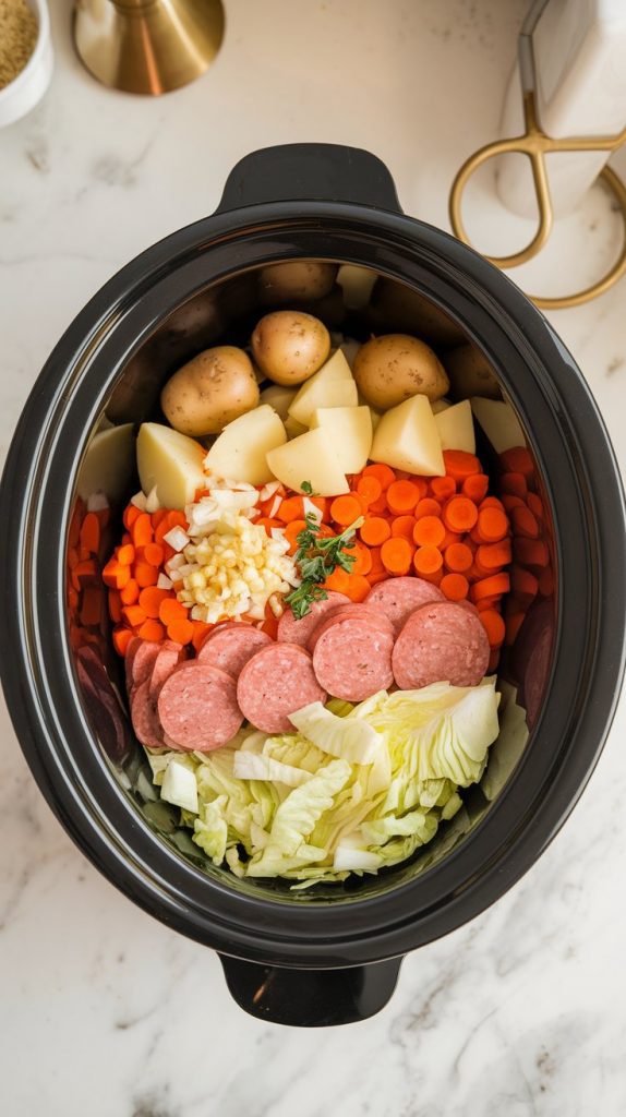 a slow cooker filled with layers of potatoes, carrots, diced onion, minced garlic, kielbasa slices, and chopped cabbage