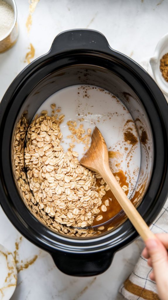 A slow cooker on a white marble counter with hints of gold, filled with rolled oats, milk, water