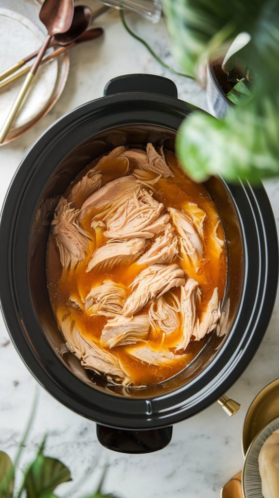 Shredded chicken sitting in flavorful broth inside the slow cooker