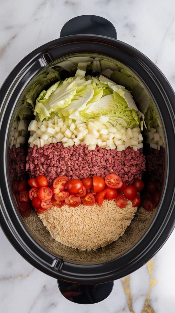 A slow cooker with layers of chopped cabbage, ground beef, diced onion, garlic, uncooked rice, and tomatoes