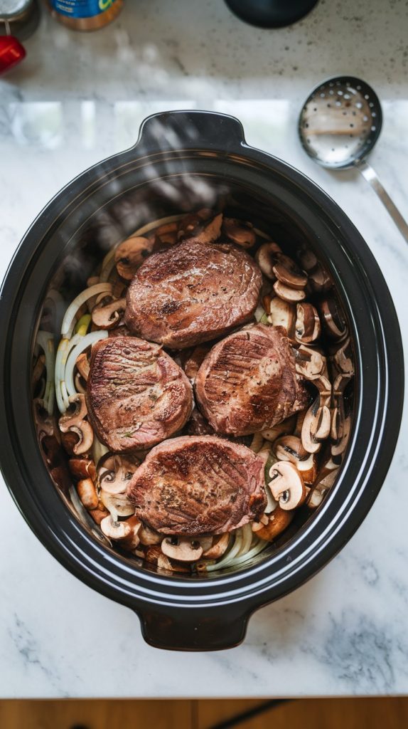 A slow cooker filled with sautéed onions and mushrooms at the bottom, topped with browned cubed steaks arranged neatly