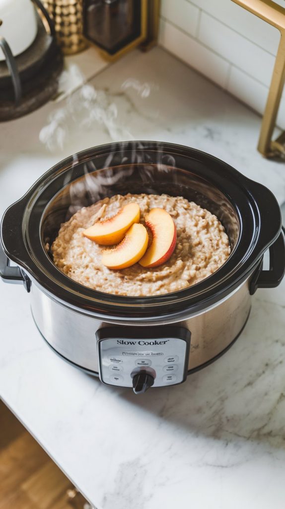 A slow cooker with the lid closed, steam lightly fogging the lid