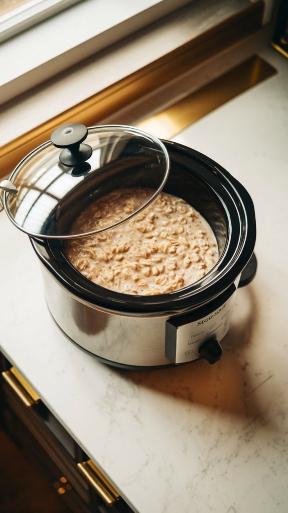 A closed slow cooker with the lid securely in place, timer set to low