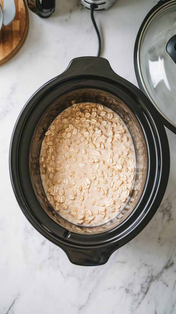 A slow cooker with its lid on and set to the LOW setting