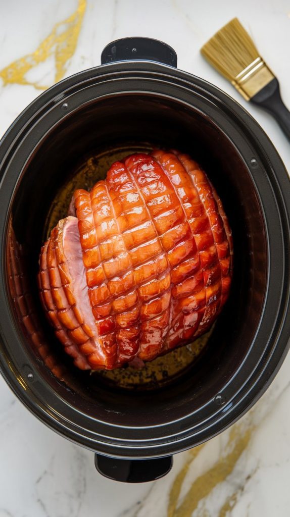 A slow cooker with a spiral ham halfway through cooking