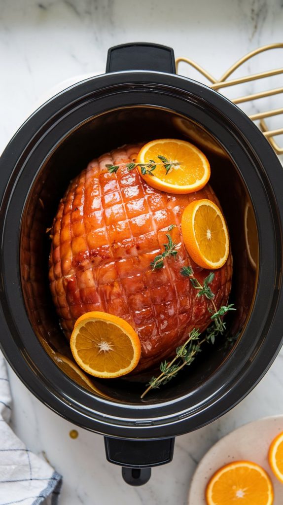 a fully cooked honey-glazed ham in a slow cooker