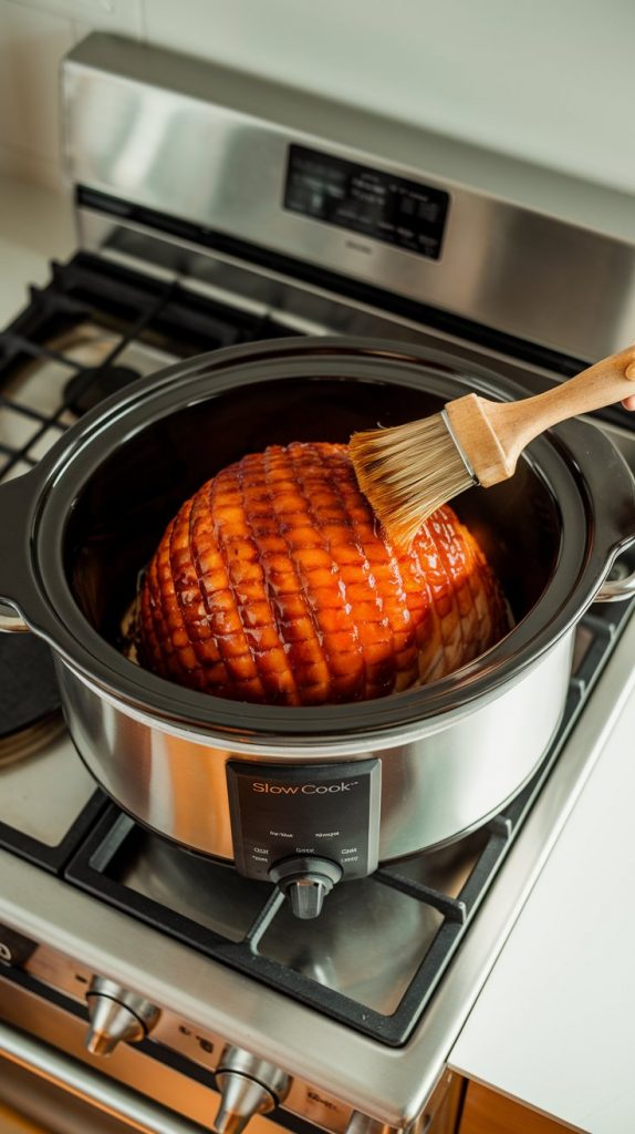 a spiral-cut ham being basted with a honey-brown sugar glaze using a basting brush