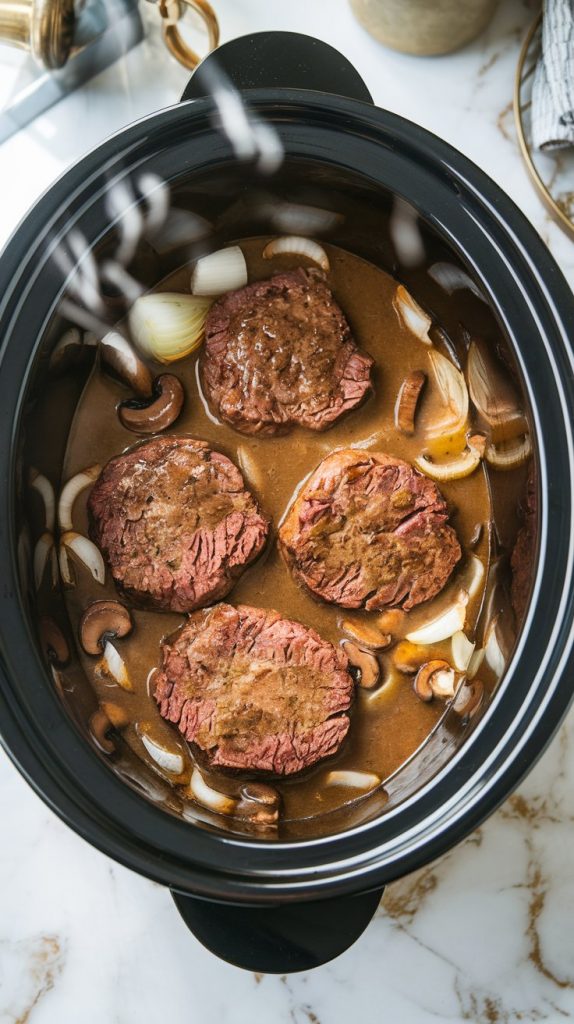 A slow cooker with the lid slightly ajar, showing the cooked Salisbury steaks