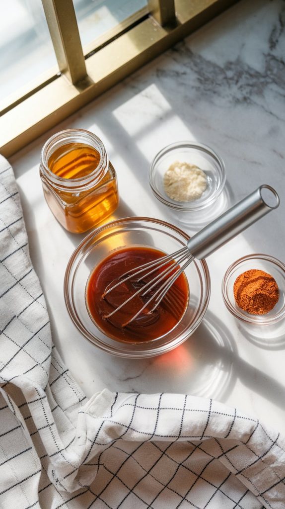 A small glass bowl filled with BBQ sauce mixture, a whisk in the bowl