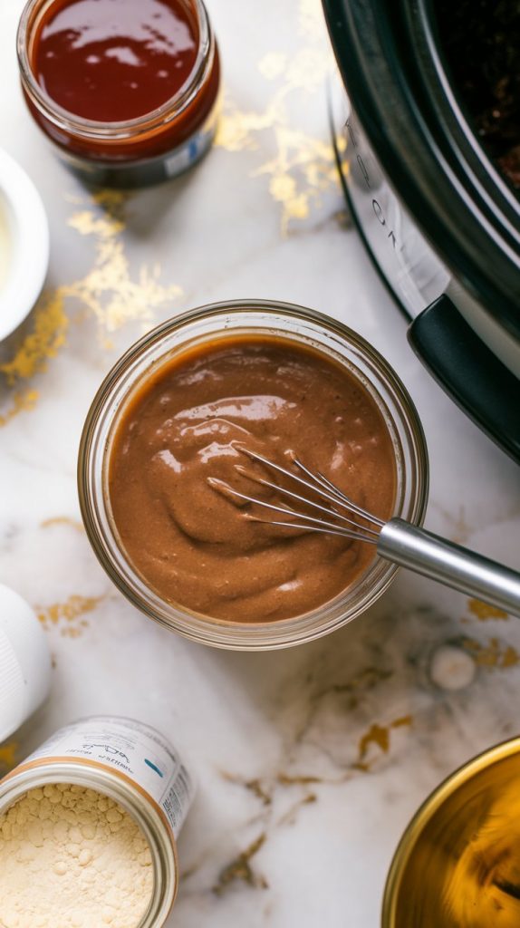 A small mixing bowl filled with smooth brown gravy, whisked with a fork