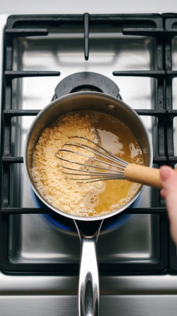 A small saucepan on a gas stove with cooking liquid simmering