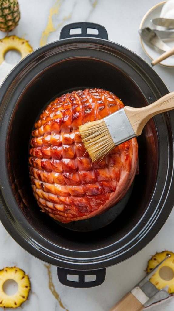 A spiral ham in the slow cooker being brushed with a shiny brown sugar