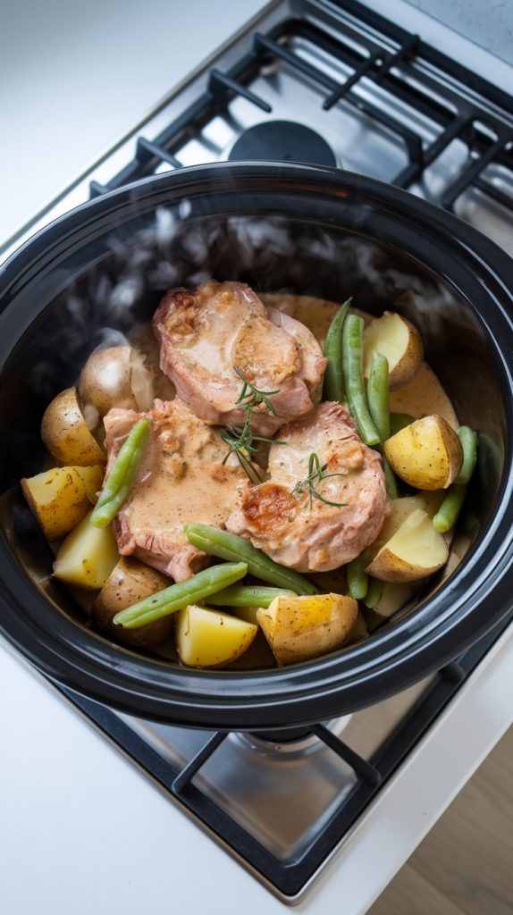 A steaming crockpot filled with cooked pork chops, potatoes, and green beans, coated in a creamy sauce.