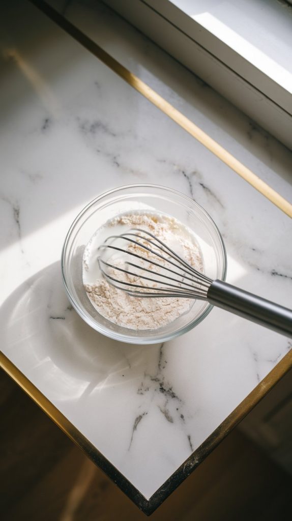 A whisk stirring milk and flour together in a small glass bowl