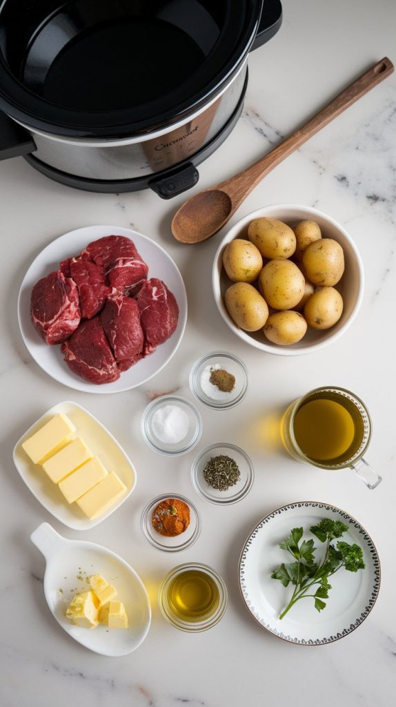 all ingredients for garlic butter beef bites and potatoes