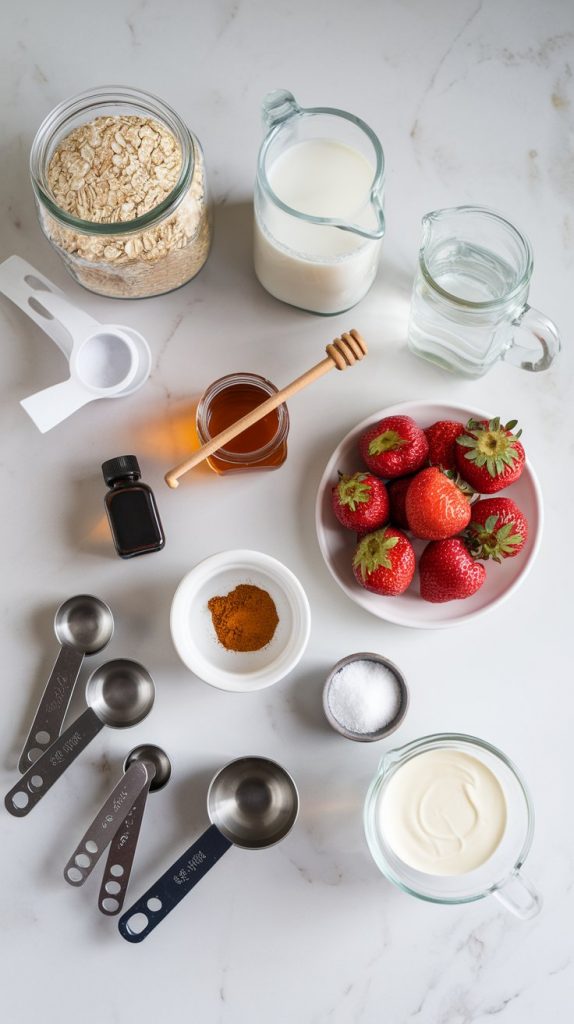 all ingredients for Strawberry and Cream Crockpot Oatmeal