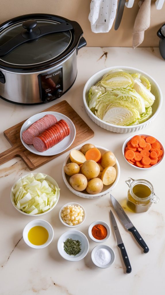 all ingredients for slow cooker kielbasa