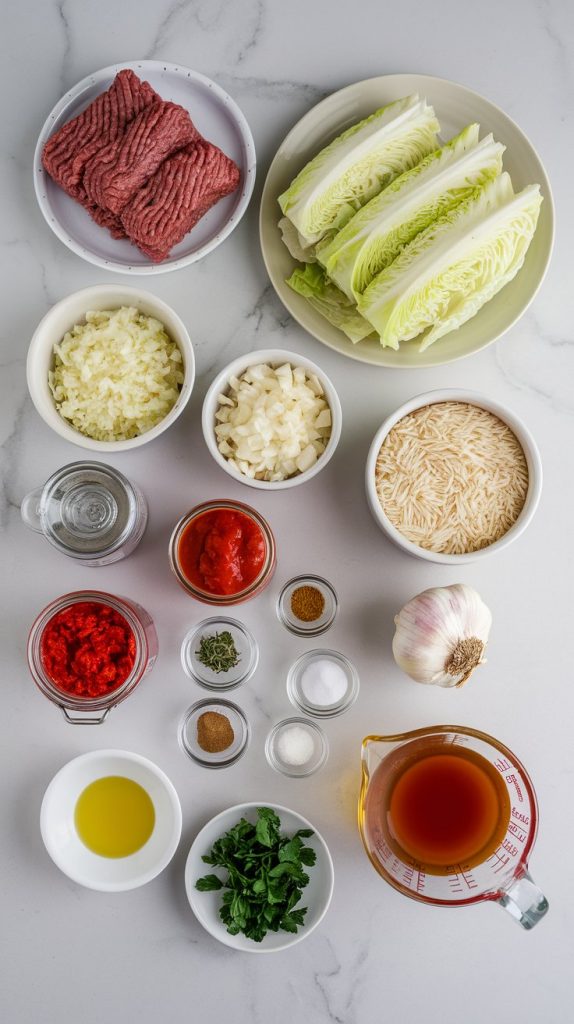 all ingredients for crockpot unstuffed cabbage rolls