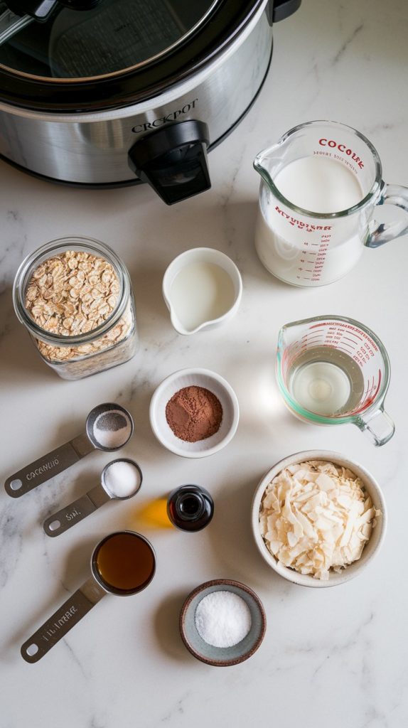 A neatly arranged top-down photo of the ingredients: a measuring cup filled with steel-cut oats