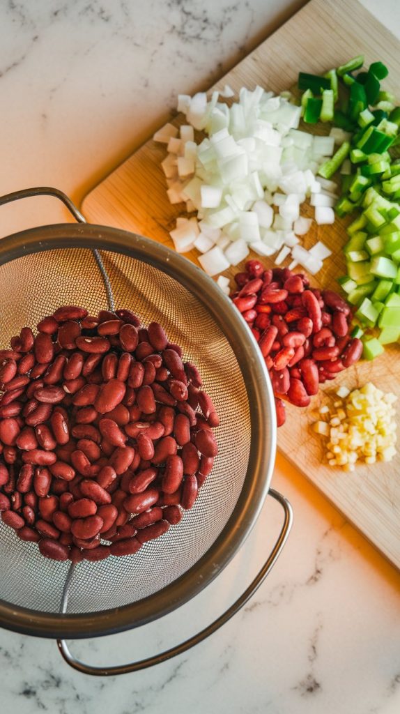 soaked and drained red beans in a fine mesh strainer next to chopped onion