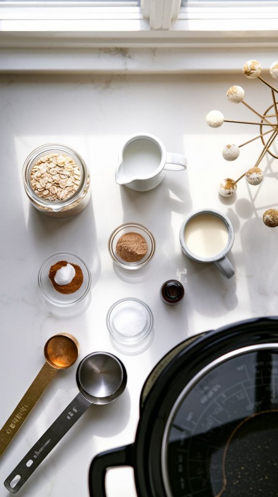 All the listed ingredients—steel-cut oats, a small pitcher of milk, a small bowl of heavy cream