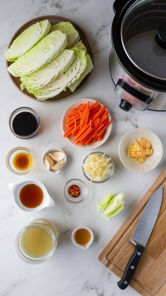 A flat lay of ingredients for spicy crockpot cabbage stir fry